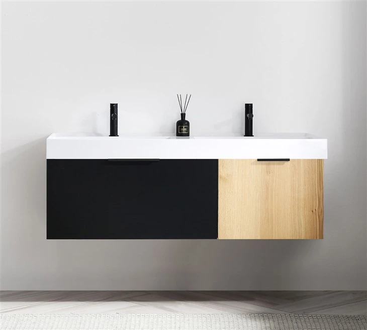 Matte Black/Maple Finish Double Sink Bathroom Vanity