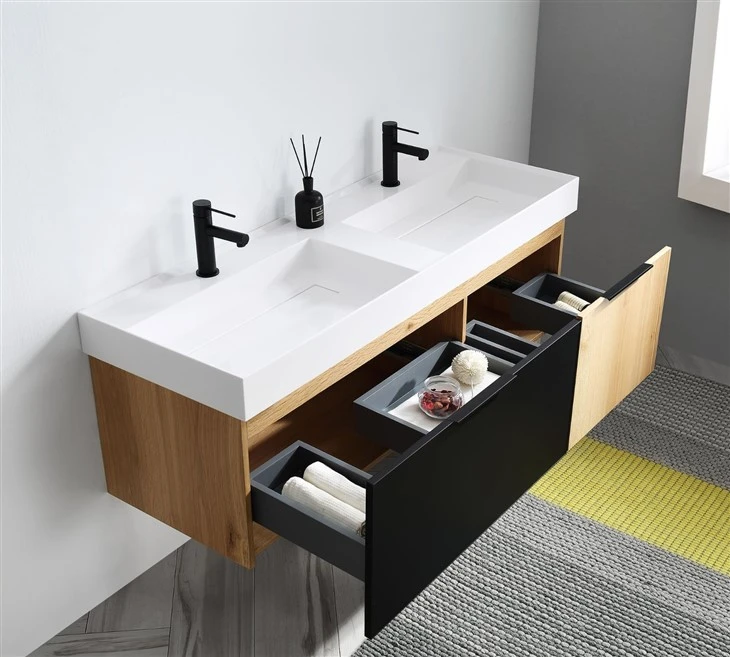 Matte Black/Maple Finish Double Sink Bathroom Vanity