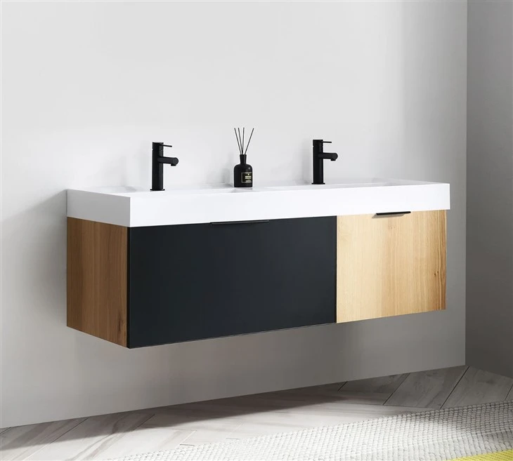 Matte Black/Maple Finish Double Sink Bathroom Vanity